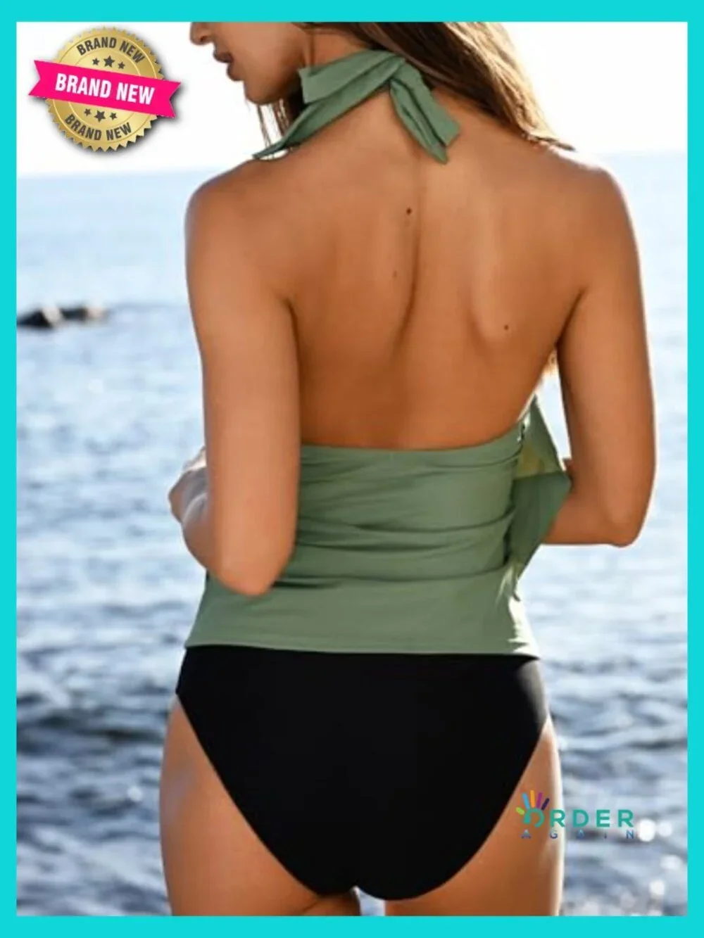 Tankini Bathing Suit Halter Deep V Cowl Neck Low Back High Waisted Swimsuit Set
